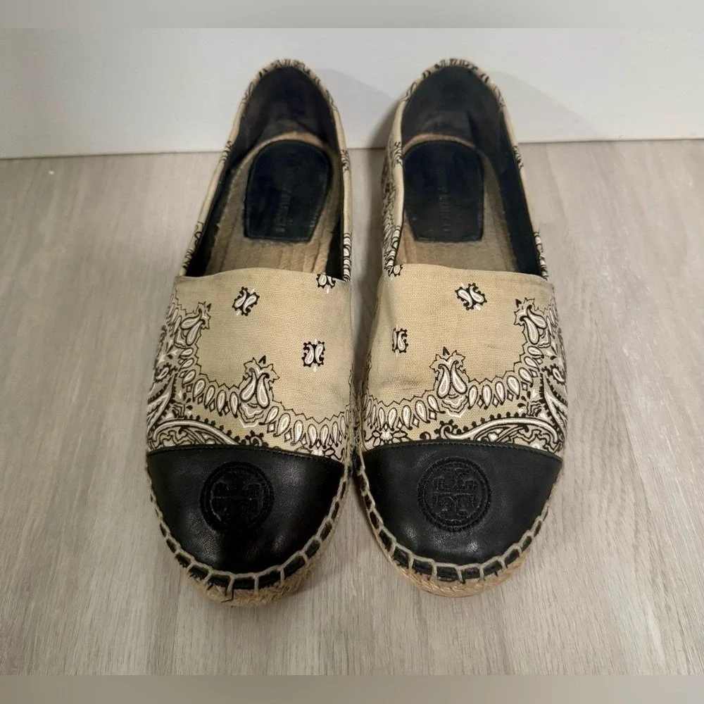 Tory Burch Womens Bandana Print Leather Espadrille Flats Tan Black Size 7.5